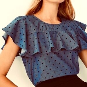 Ann Taylor Chambray Blouse Blue w/Black PolkaDot Sleeveless Ruffle Medium NWT